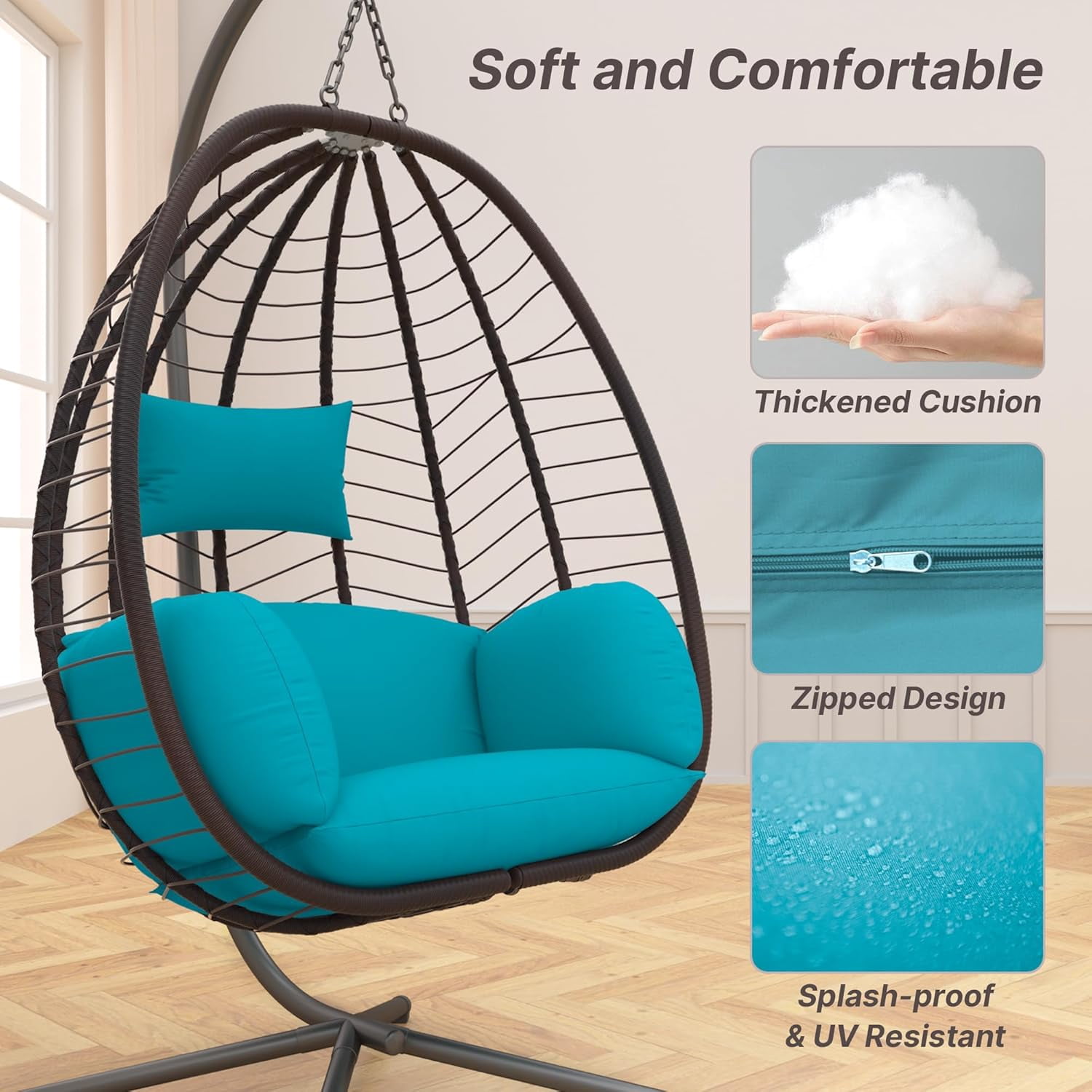 ALAULM Hanging Egg Chair with Stand, Indoor Outdoor Wicker Rattan Egg Swing Chair with Cushion Headrest, Hammock Chair 350lbs Capacity for Bedroom Patio Porch Garden Balcony(Blue)