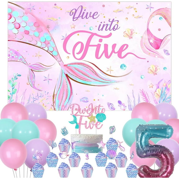Mermaid Birthday Party Decorations, Dive Into Five Ocean Theme 5th Birthday Backdrop Cake Cupcake Toppers Pink Purple Blue Balloon for Girl 5 Year Old Party