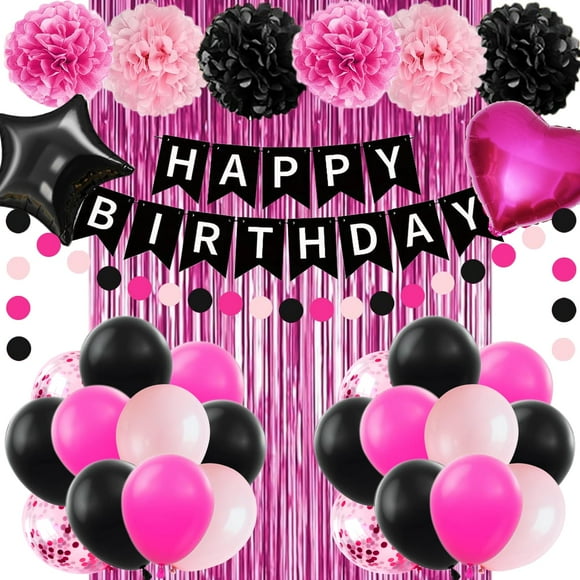 Pink and Black Birthday Party Decorations for Girls Women Happy Birthday Banner Black and Hot Pink Balloons Pom pom Flower Confetti Foil Fringe Curtain Party Décor for Girls Women