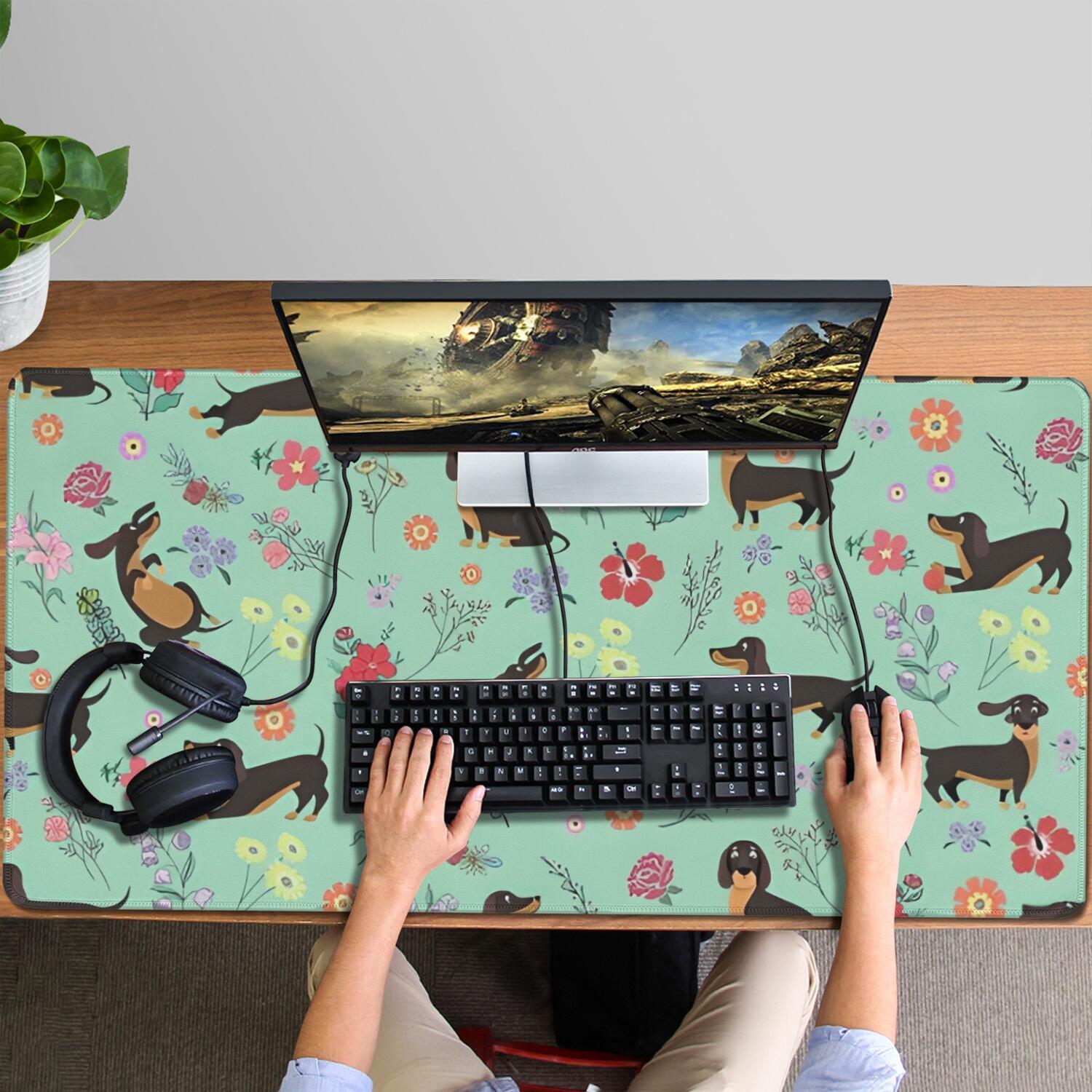Long Mouse Pads for Desk,Dachshunds and Pioneer Flower Desk Mats on Top Of Desks, Desk Mouse Pad Extra Large with 3mm Non-Slip Base and Stitched Edge for Gaming,Office,Work,Home 47.3"x23.6"