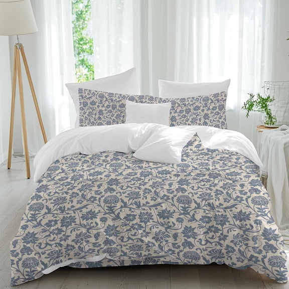 Queen 4 Piece Bedding Set Pastoral Blue Wildflower Retro Linen Soft Breathable Duvet Cover and Pillowcase,Abstract Floral Texture Duvet Cover Set Washable Bed Sheets for Bedroom Dormitory Guest Room