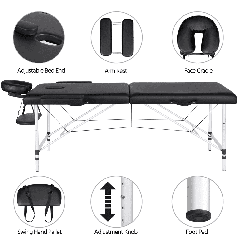 Renwick Portable 2 Fold Aluminum Massage Bed with Face Cradle, Black