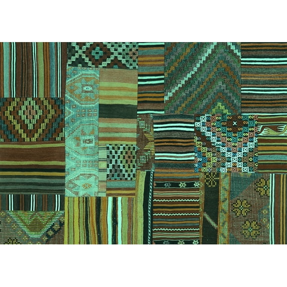 Ahgly Company Machine Washable Indoor Rectangle Patchwork Turquoise Blue Transitional Area Rugs, 7' x 9'