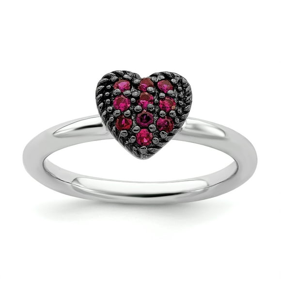 925 Sterling Silver Created Ruby Heart Stackable Ring Love Birthstone July Gemstone