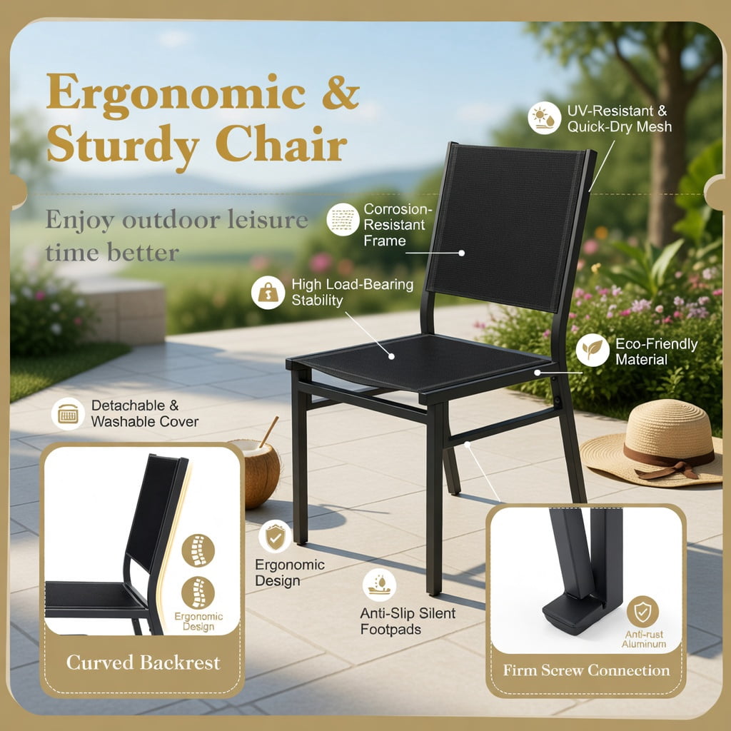 Hommoo Outdoor Dining Chair Breathable Mesh Back & Seat, Lightweight Aluminum Frame, Patio Chair for Backyard, Porch, Poolside or Indoor Use, Black