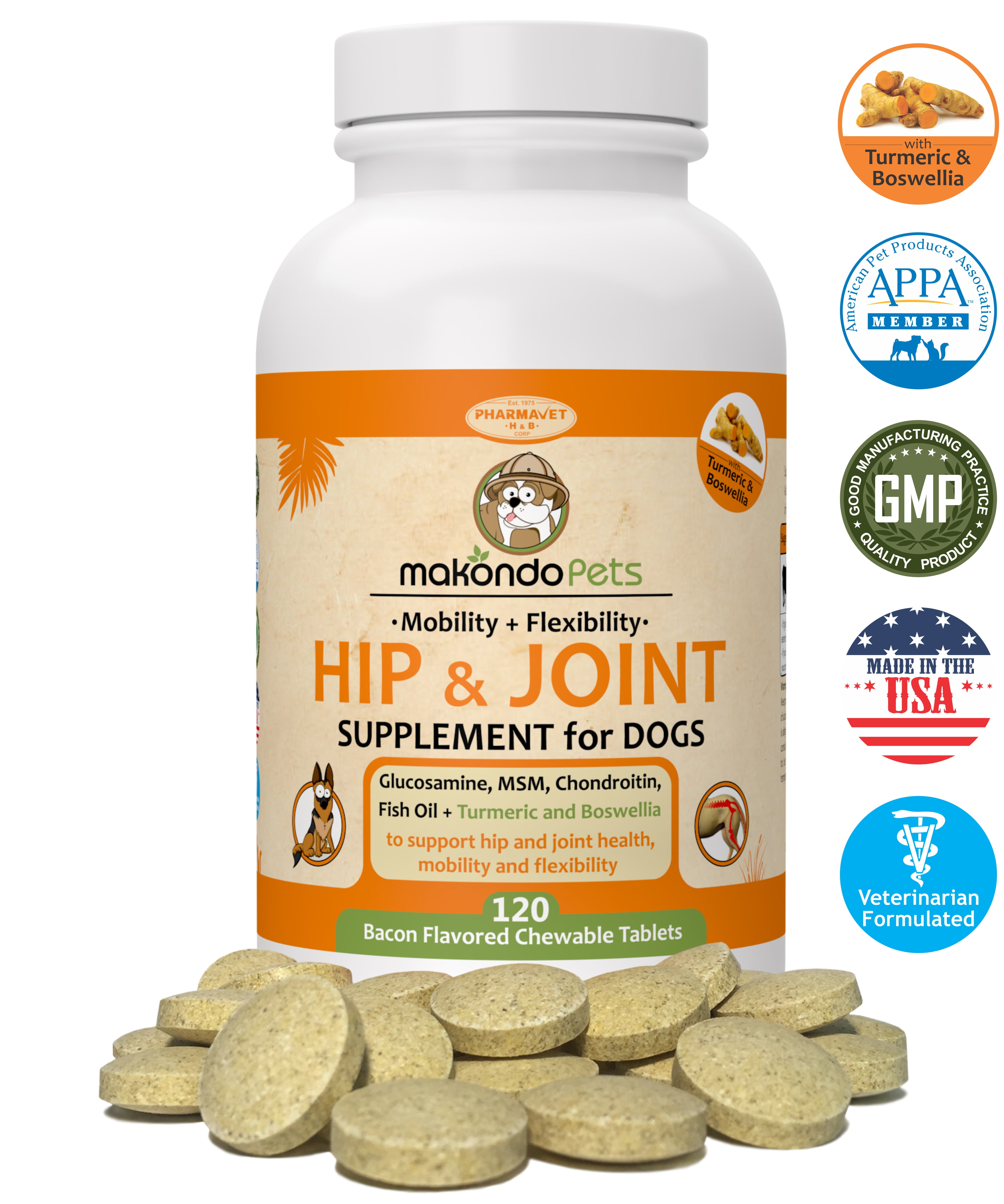 Hip and Joint Supplement with Glucosamine for Dogs, Turmeric, Chondroitin, MSM, Vitamins, Fish