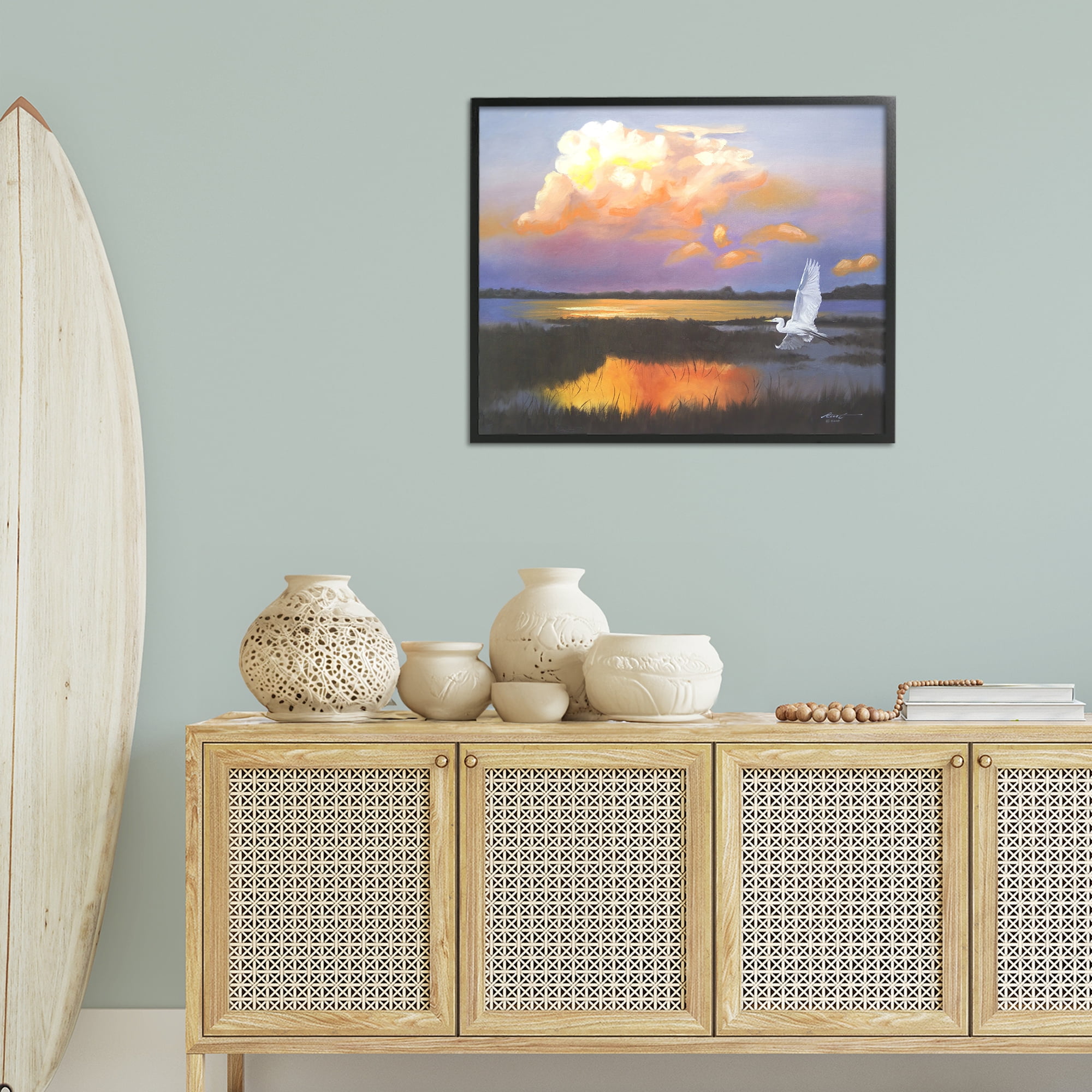 Stupell Industries Egret Over Cloudy Reflection Landscape Painting Black Framed Art Print Wall Art, 30 x 24