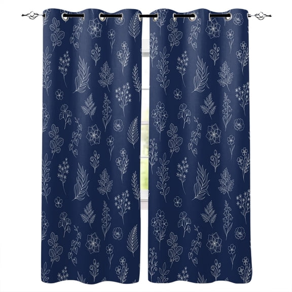 Navy Blue Botanical Blackout Curtains Light Blocking Print Window Curtains, Farmhouse Summer Floral Leaves Thermal Insulated Window Drapes for Living Room Kitchen Cafe (2 Panels, 55"W x 39"L)