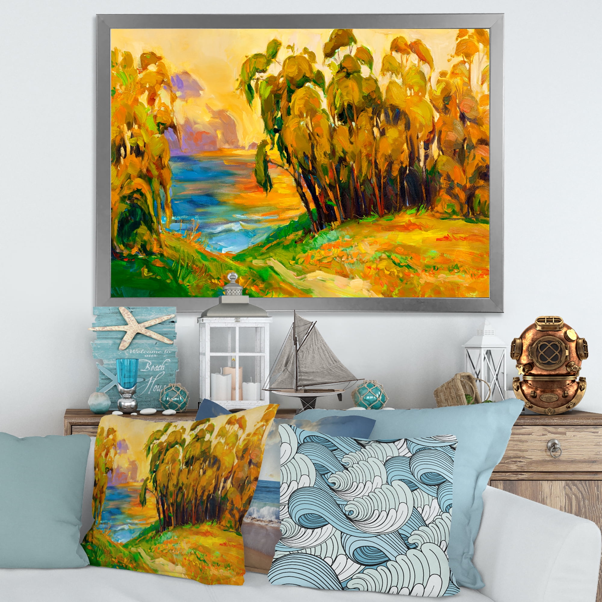 Brown Trees By The Riverside During Evening Glow 32 in x 16 in Framed Painting Canvas Art Print, by Designart