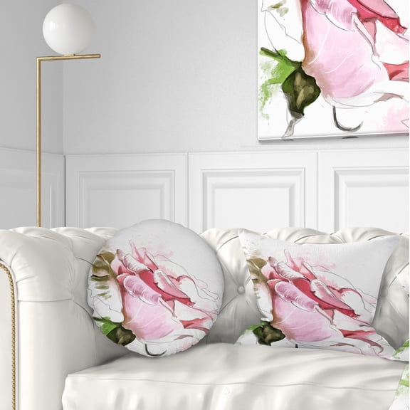 Designart Pink Rose Illustration on White - Floral Throw Pillow - 12x20