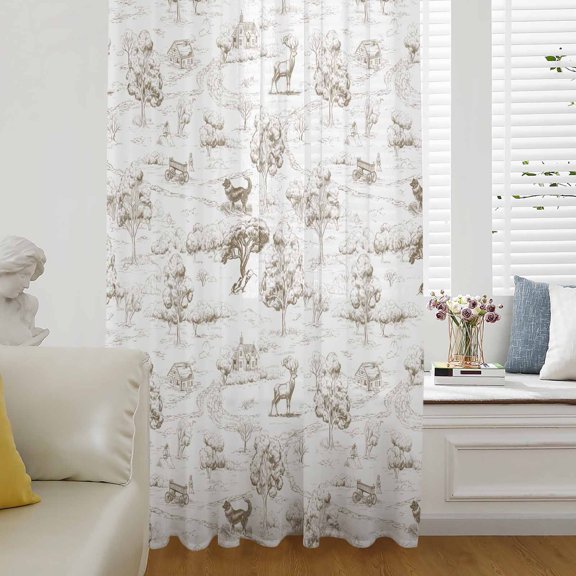 Brown Country Semi Sheer Curtains Drapes for Living Room, Bedroom, French Doors Window 63 Inches Long, Abstract Farmhouse Rustic Tree Animals Rod Pocket Chiffon Curtain Drapery Voile Draperies Panel