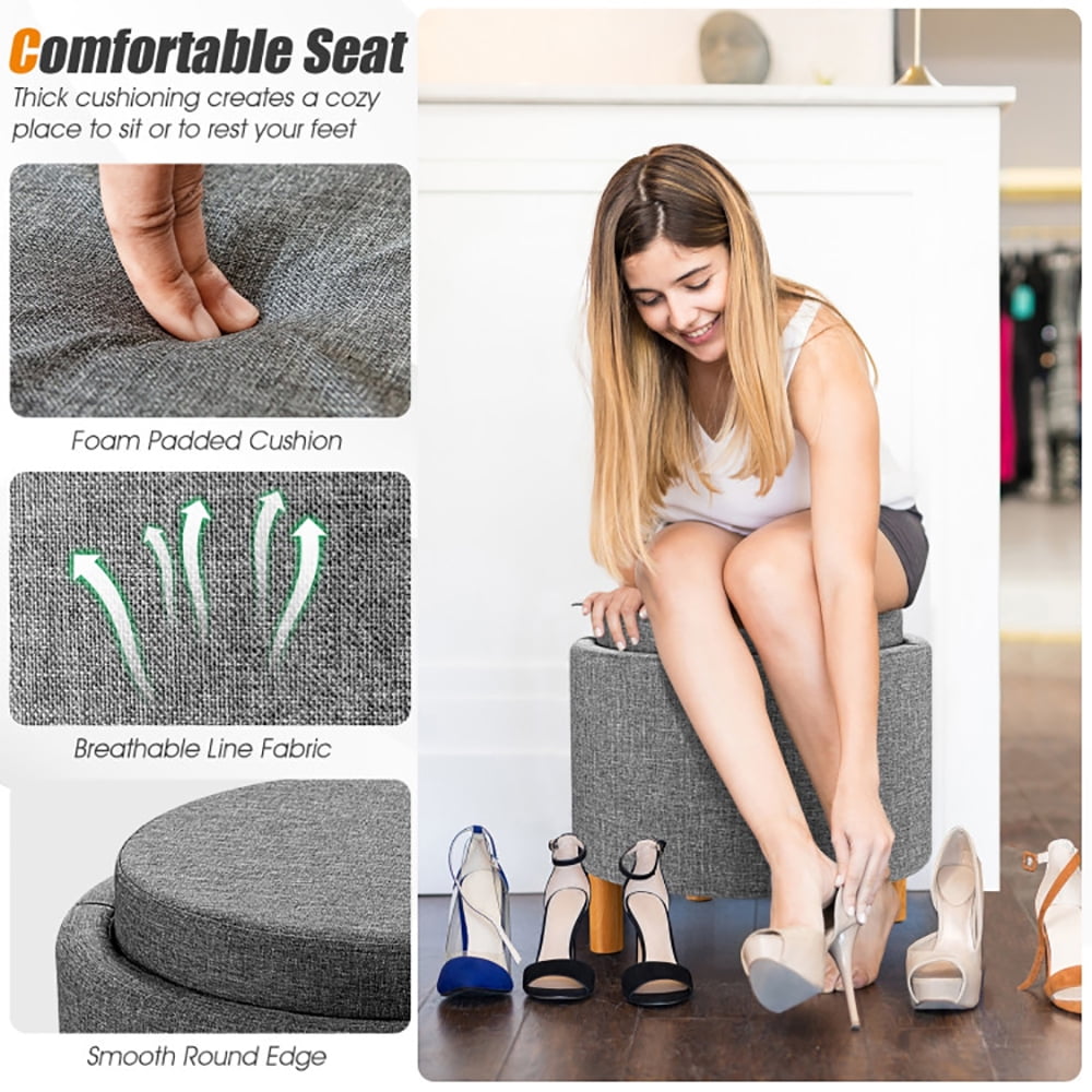 Finihen Round Fabric Storage Ottoman, Footrest Stool, Vanity Chair, Storage Ottoman with Tray and Non-Slip Pads, for Living Room, Bedroom, Gray Finihen Round Fabric Storage Ottoman, Footrest Stool, Vanity Chair, Storage Ottoman with Tray and Non-Slip Pads, for Living Room, Bedroom, Gray