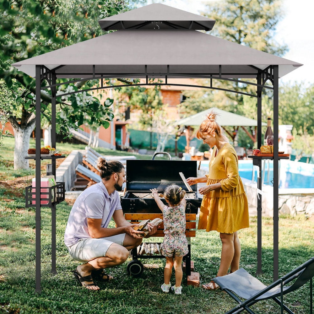Spaco Outdoor Gazebo,Patios Gazebos,8 x 5 FT Outdoor Grill Gazebo with 2 Side Shelves and 20 Hooks-Gray