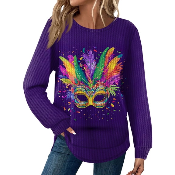 Fgvctg Womens Mardi Gras Tops Dressy Casual Crewneck Long Sleeve Top Plus Size Carnival Party Pullover Shirt Trendy Mask Print Celebration Blouse Multicolor 2XL