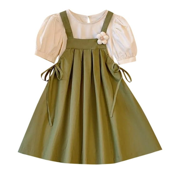 Junlike Spring Outfits for Girls Summer Dress Outfits Short Sleeve Tops and Suspender Skirt Set Kids 2Pcs Clothes