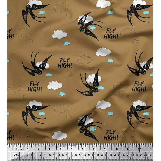 Soimoi Brown Moss Georgette Fabric Text,Clouds & Crow Bird Fabric Prints By Yard 42 Inch Wide