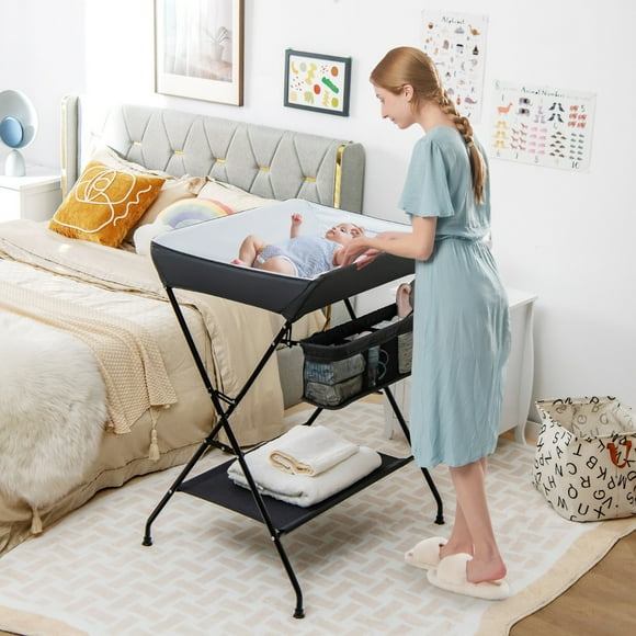 Cambiador de Bebés Plegable Portátil Costway con Cesta de 3 Compartimentos Negro 80 x 63 x 103 cm