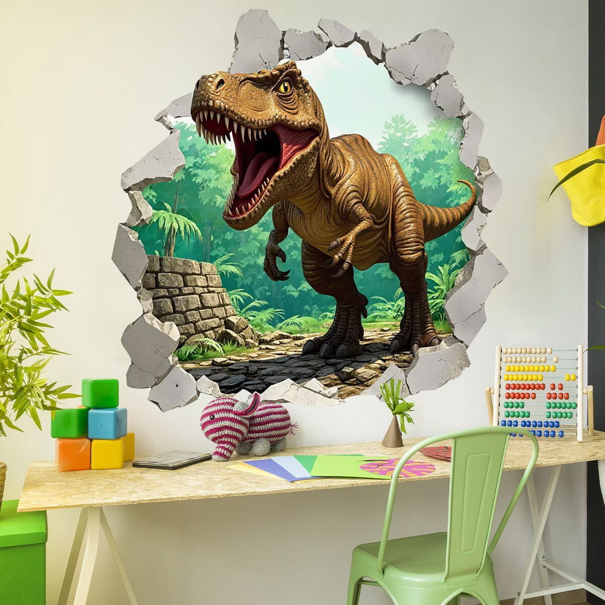 3D Dinosaur Wall Decals Break Through Large Dino Jungle Dinosaur Wall Stickers Peel and Stick Wall Art Decals for Boys Kids Bedroom Baby Nursery Playroom Classroom Decor