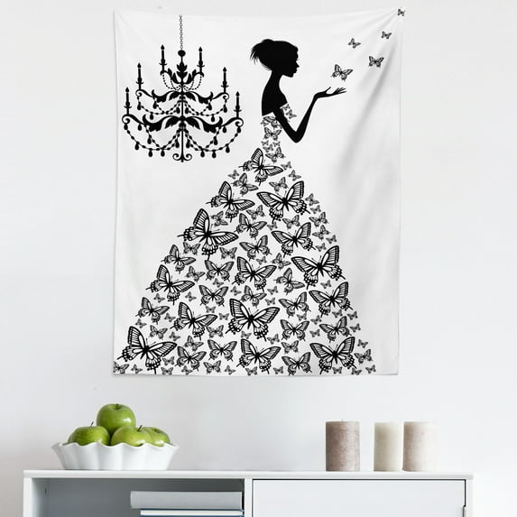 Black and White Tapestry, Madame Butterfly Black Chandelier Woman Silhouette Cartoon Wedding Gown, Fabric Wall Hanging Decor for Bedroom Living Room Dorm, 5 Sizes, Black White, by Ambesonne