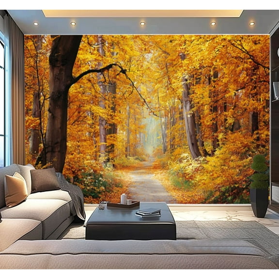 Peel and Stick Wallpaper Autumn Forest Path Golden Leaves Misty Atmosphere Modern Art Wall Mural Decor Self Adhesive and Removable 100in x 144in