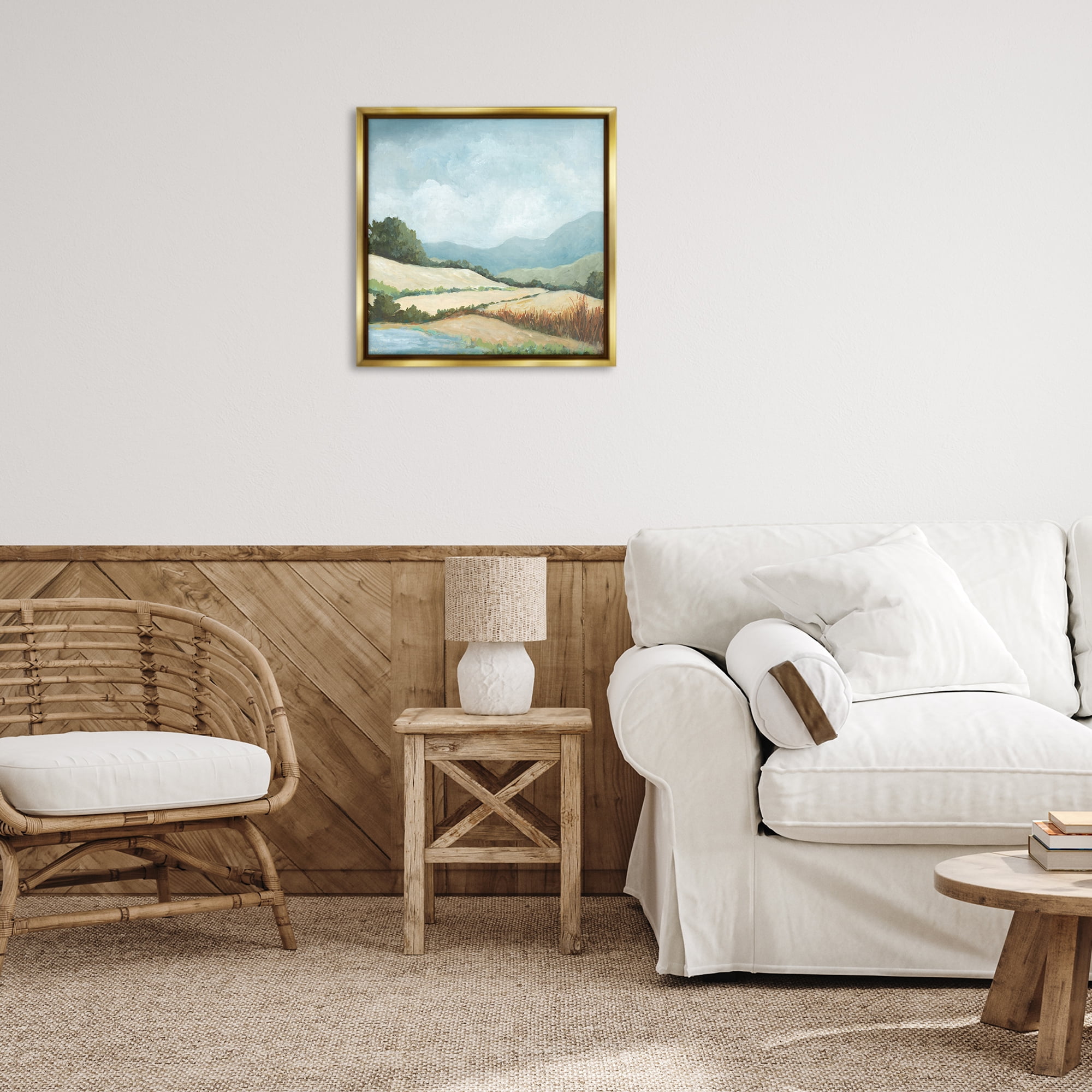 Stupell Industries Scenic Rural Hills Landscape & Nature Painting Gold Floater Framed Canvas Art Print Wall Art, 25 x 25