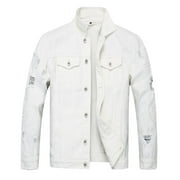 Men Classic Ripped Denim Jacket, Slim White Jean Jacket with Holes for Men