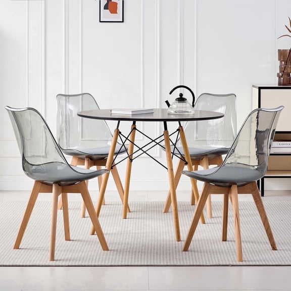 5 Piece Round Dining Table Set for 4, 35.5" Kitchen Table with 4 Clear Gray Acrylic Chairs for Restaurant Bedroom Living Room, Space Saving Black Table Chair Set of 4