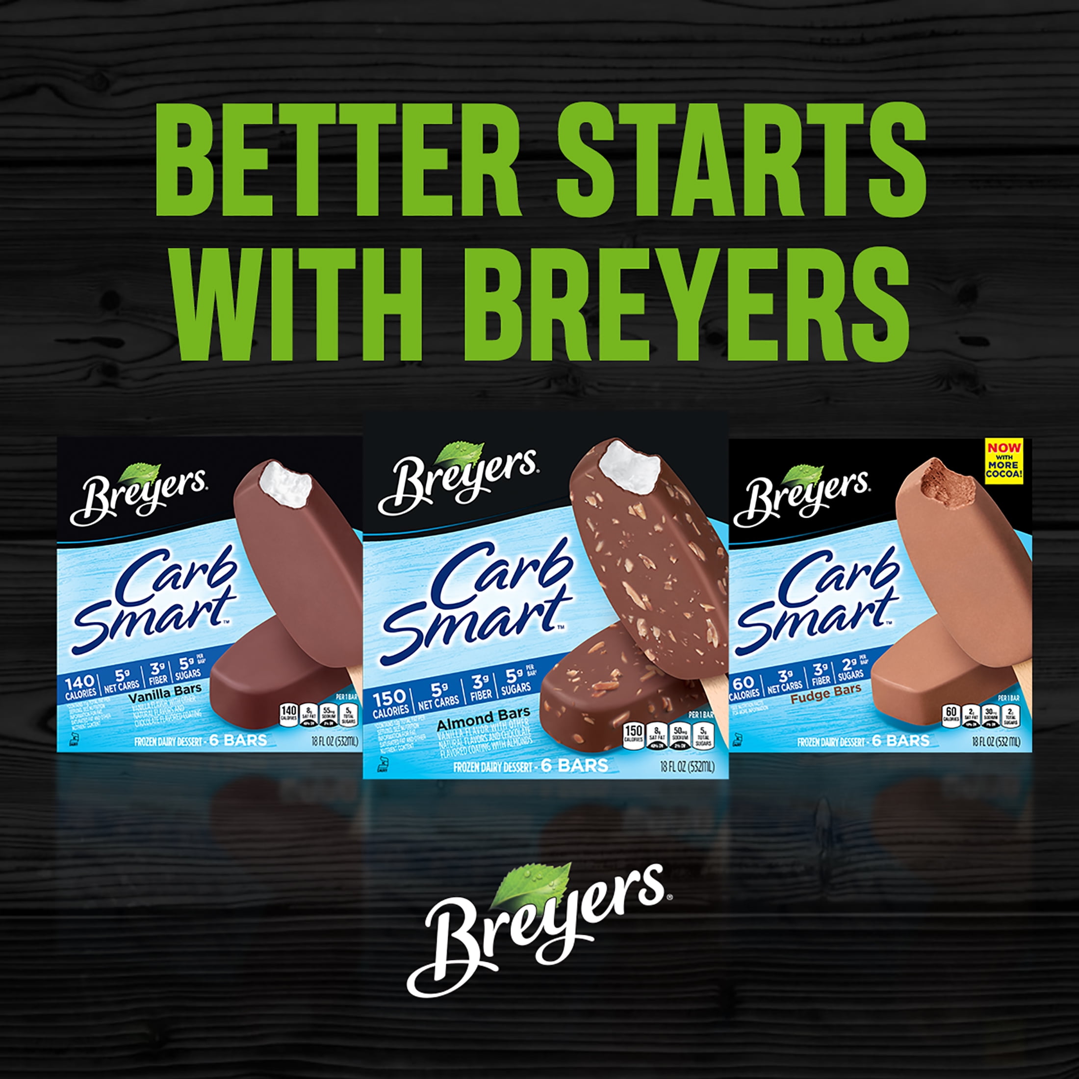 Breyers CarbSmart Creamy Fudge Cholocate Ice Cream Bars Frozen Desserts, 6 Count