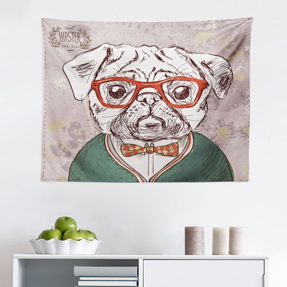 Dog Tapestry, Digital Sketches of a Puppy Moving Around Scratching Simple Life Style Work, Fabric Wall Hanging Decor for Bedroom Living Room Dorm, 2 Sizes, White Black, by Ambesonne