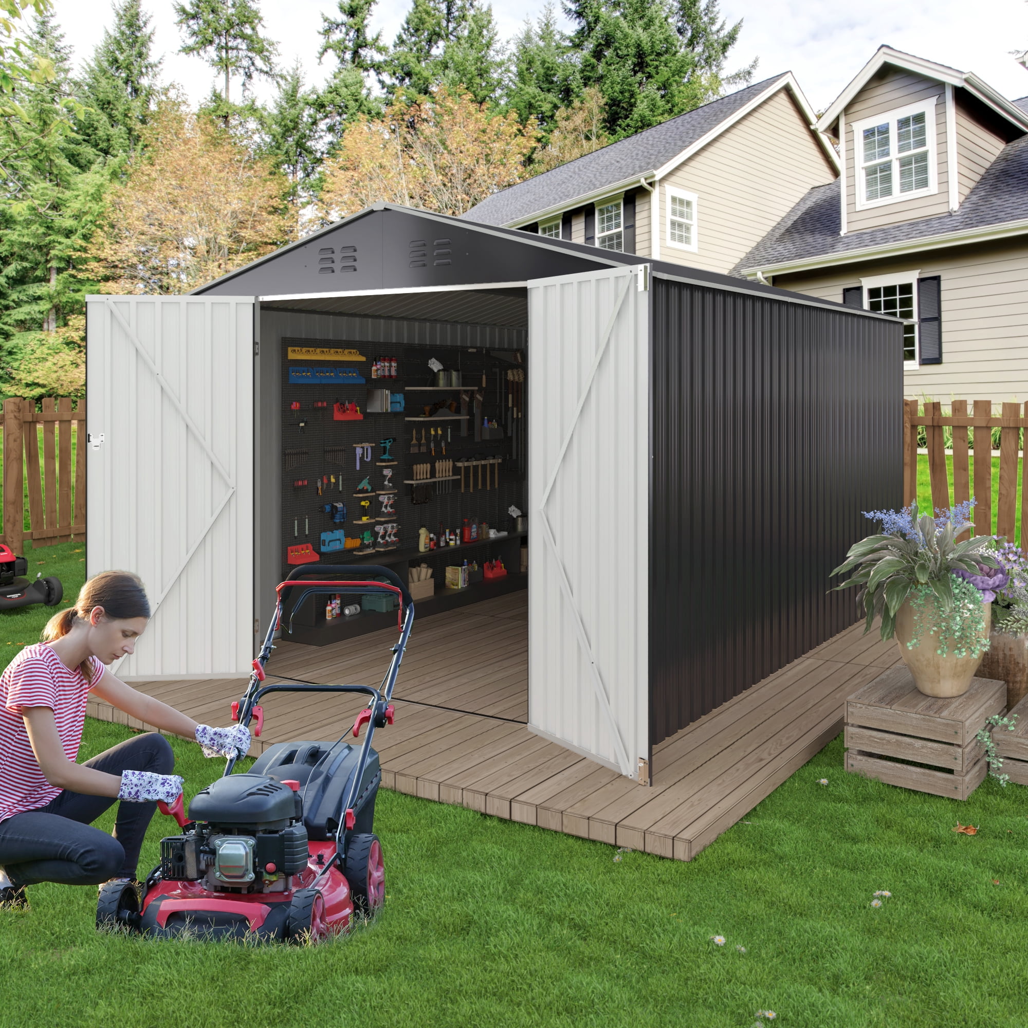 NETAJE 8'x12' Outdoor Storage Shed, Large Metal Shed with Lockable Door & Sloped Roof, Tool Shed with Upgraded Frame for Backyard, Garden, Lawn
