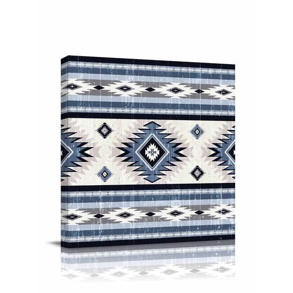 Blue Southwestern Canvas Wall Art, Native Aztec Ethnic Style Geometric Framed Wall Decor Modern Artwork Prints Painting for Living Room, Bedroom, Kitchen & Cafe Decor 8x8 Inch