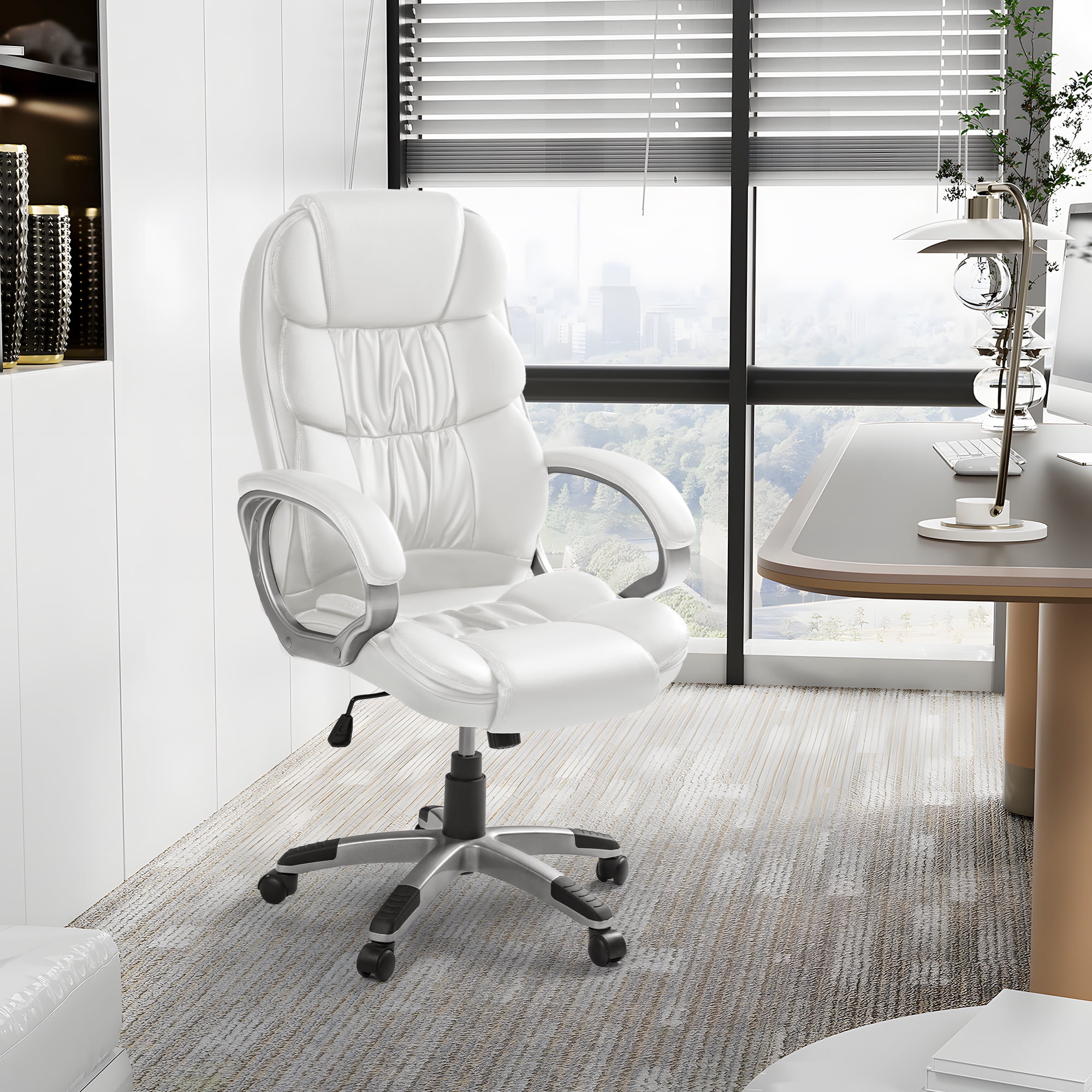 Vineego Office Chair High Back Computer Chair Ergonomic Desk Chair, PU Leather Adjustable Height Modern Executive Swivel Task Chair,White