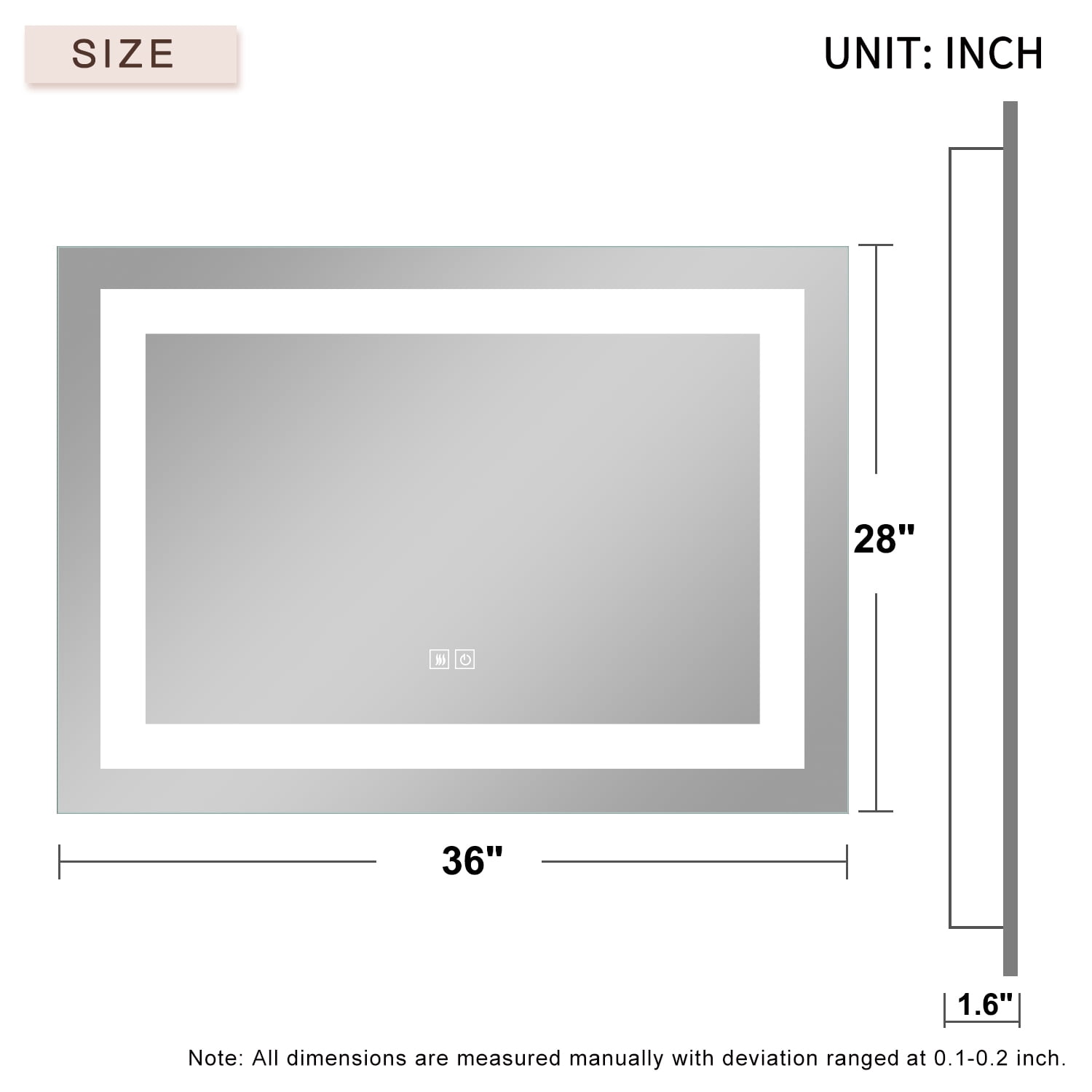 Anti-Fog Wall Mounted LED Frameless Bathroom Mirror with Switch 36"x28" Straight Corner