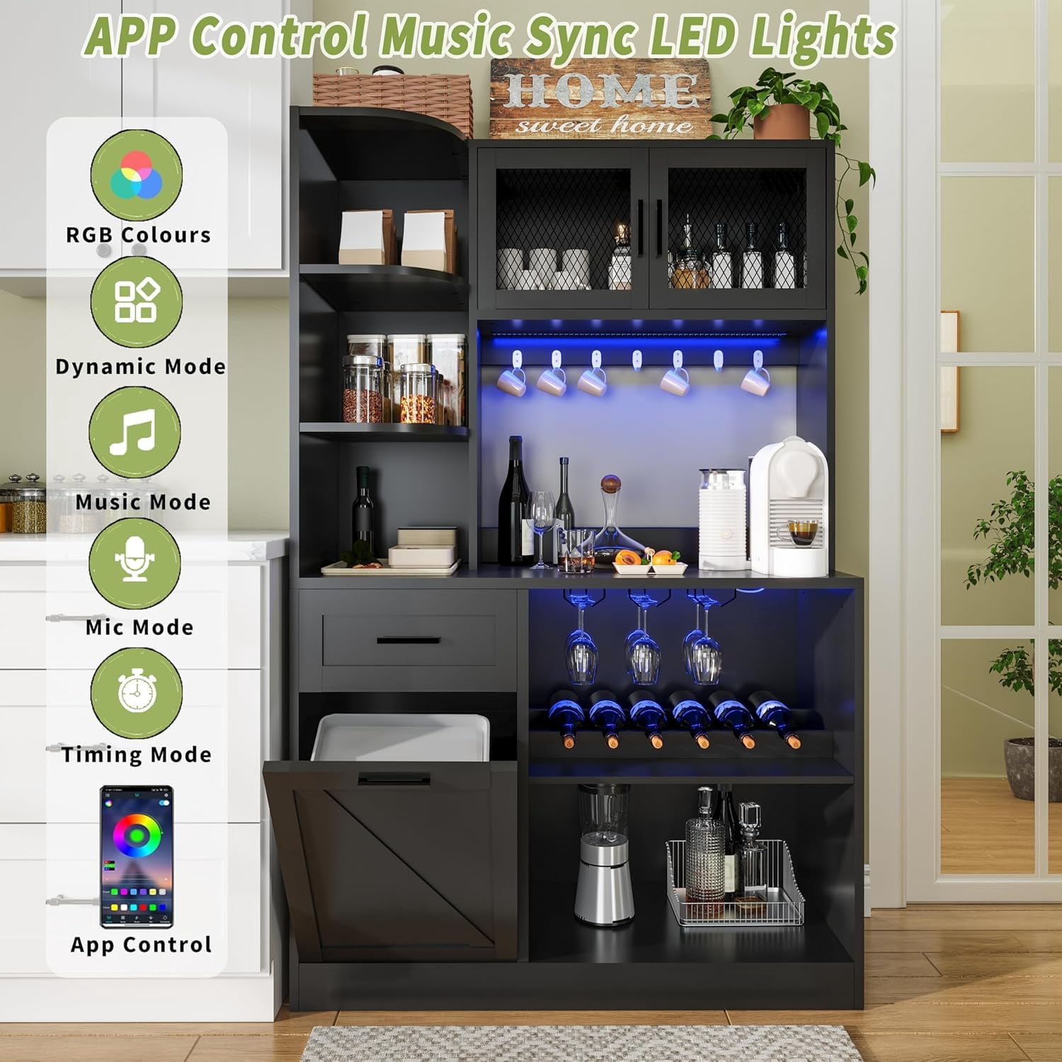 ChicZhiNest 67.3" Tall Coffee Wine Bar Cabinet with LED Lights and Power Outlet, Open Shelves, Modern Kitchen Pantry Cabinet with Trash Can Storage - 7 Hooks & Wine Glass Rack for Home (Black)