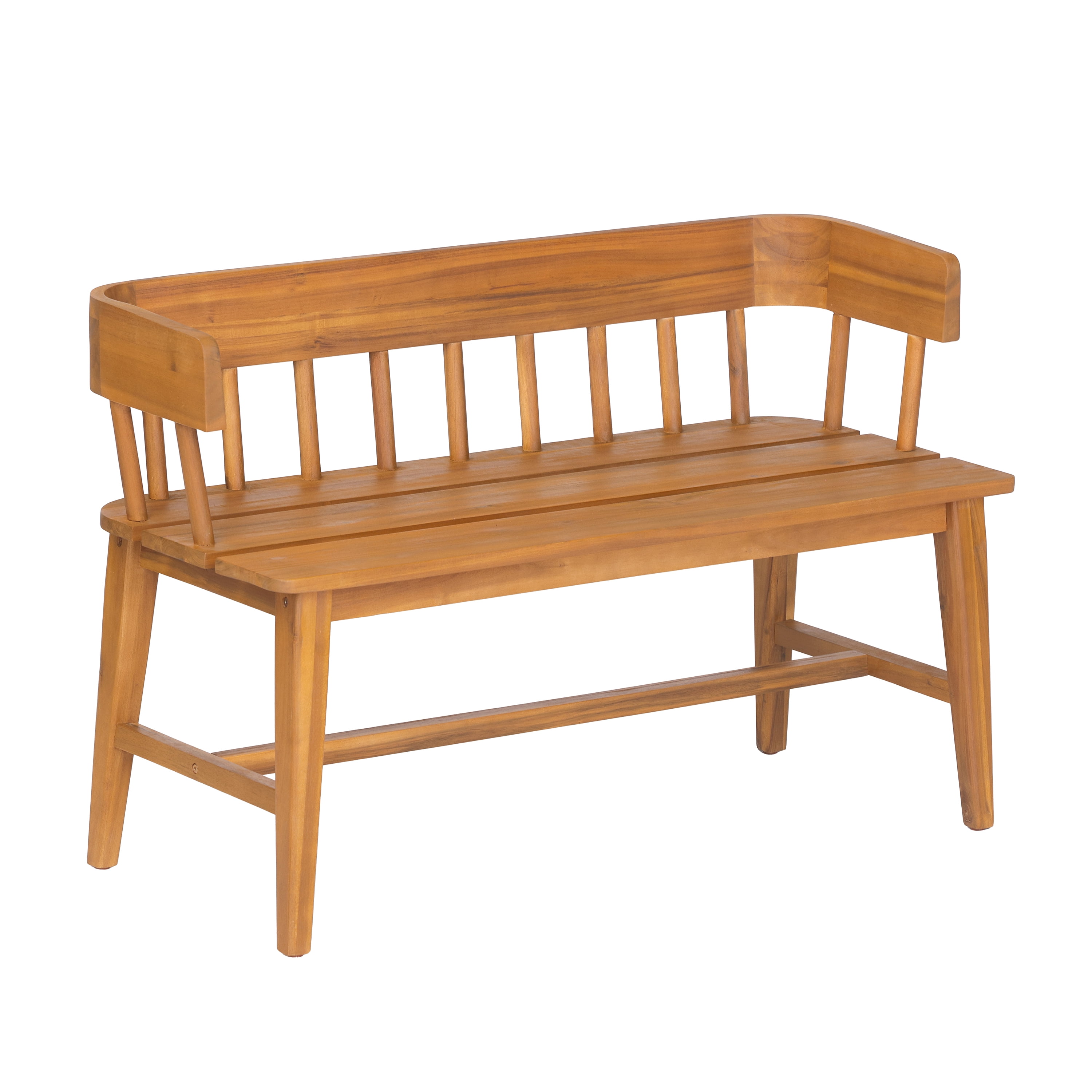 Outdoor Bench with Acacia Wood and Slatted Back, Garden Patio Bench and Porch Seating with Teak Finish, Teak