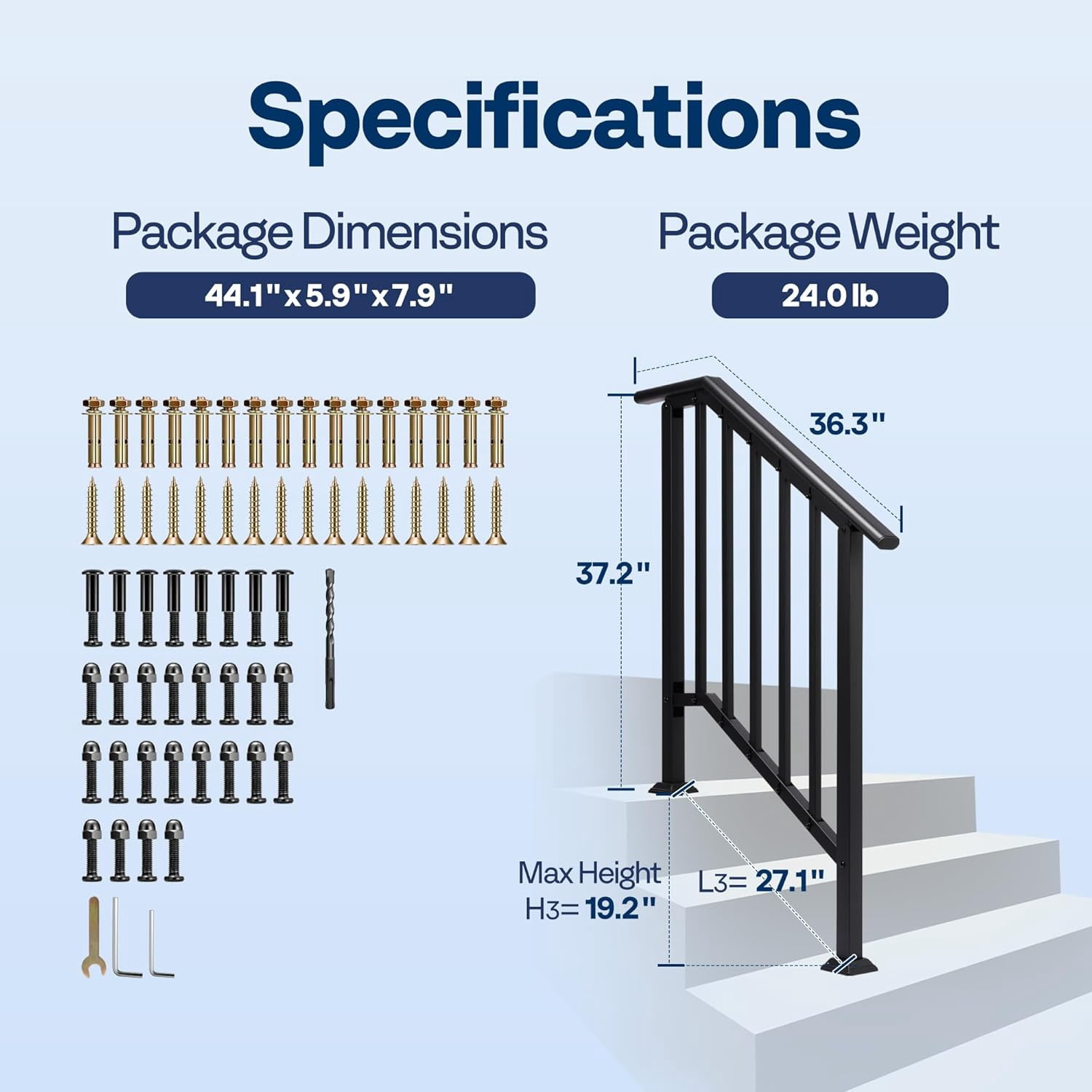 SPECSTAR 2-Pack Outdoor Handrails, 3-Step Galvanized Steel Hand Rails for Outdoor Steps – 27.1" Black Oval and Safety Balusters Exterior Railing Kit for Porch, Deck, or Indoor Stairs