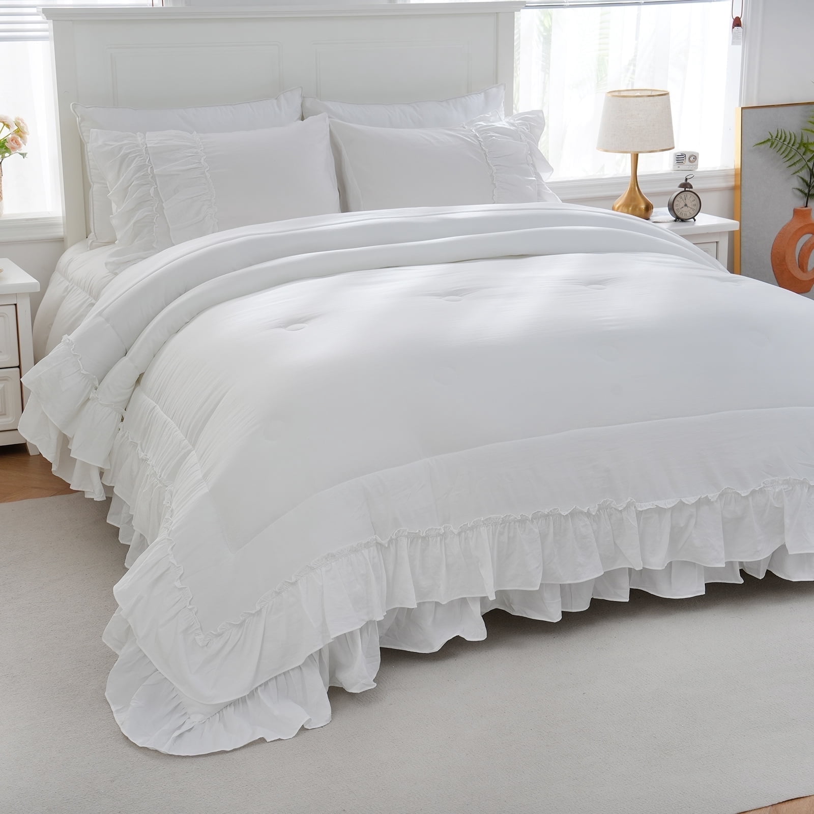 Move Over White Ruffle Comforter Set Queen Boho Bedding Sets 2 Layers White Long Ruffled Pattern Microfiber Filling Farmhouse Duvet