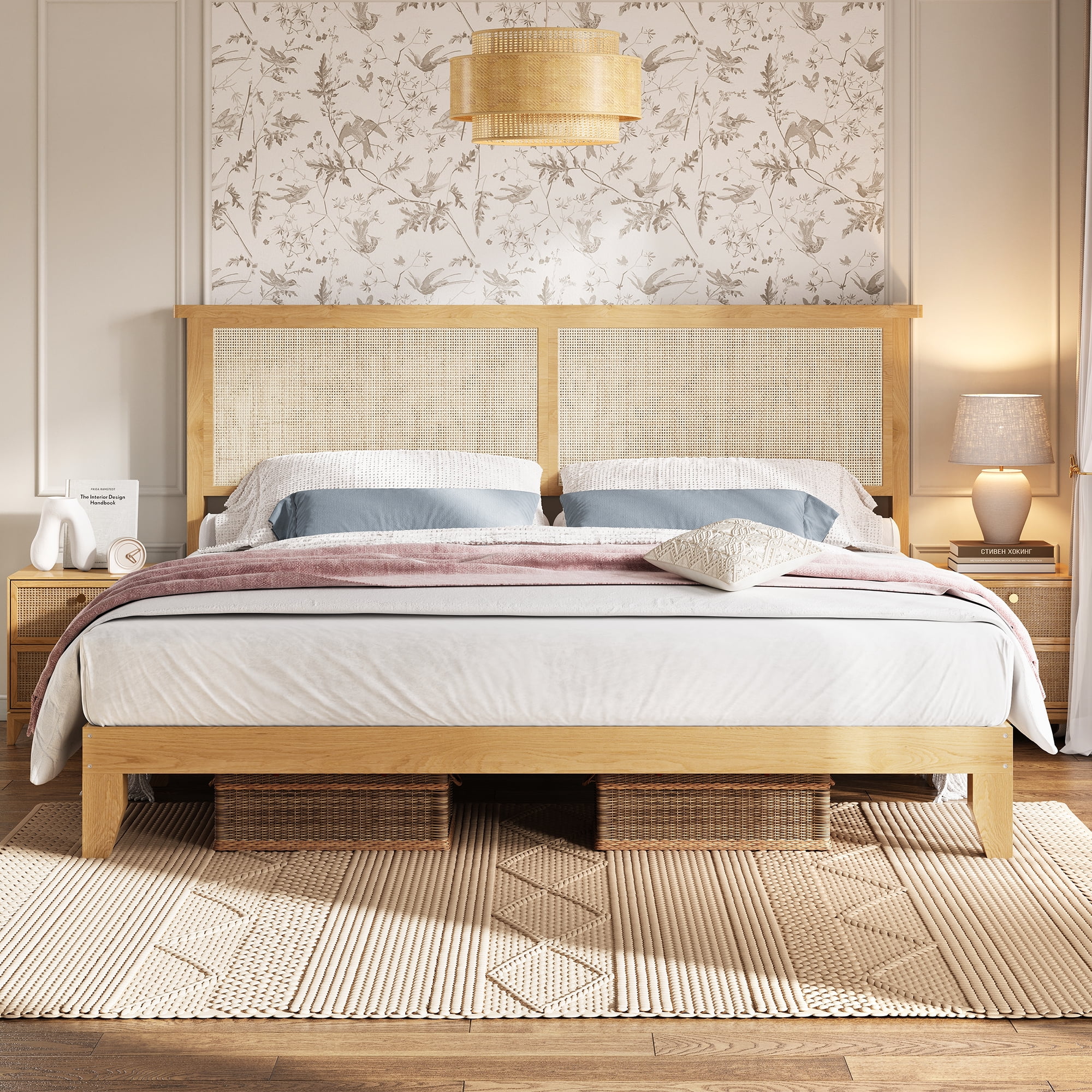 King Size Rattan Bed Frame, Bohemian Rattan Bed Frame King with Natural Headboard, Platform King Size Bed with Wooden Legs, LED Lights, No Box Spring Needed, Easy Assembly