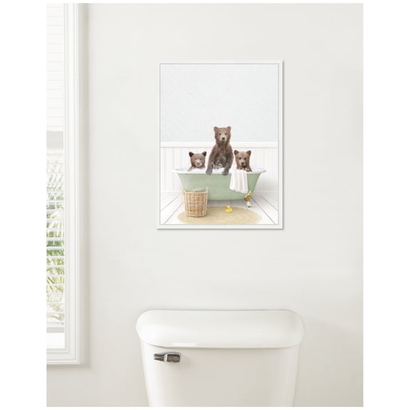 Kate and Laurel Three Bear Cubs in Cottage Green Bath Framed Canvas Wall Art by Amy Peterson 18 x 24 Sylvie White, Whimsical, Animals, Bathroom Art for Wall Decor, Living Room, Bedroom