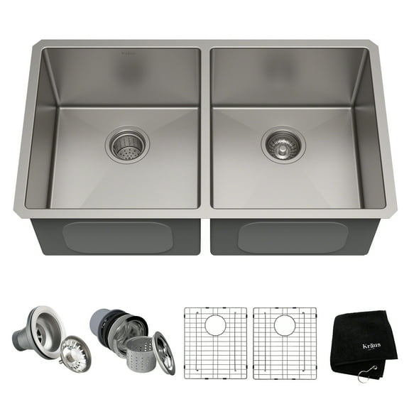 KRAUS Standart Pro 33" Undermount 50/50 Double Bowl 16 Gauge Stainless Steel Kitchen Sink