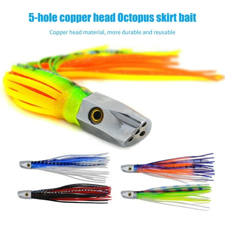 Copper Head Fishing Lures 5Pcs 21cm/90.6g PVC Skirt Bait Artificial Bright Color Trolling Octopus Squid Skirt Baits Big Game Drag Fishing Marlin Tuna Trolling Lures
