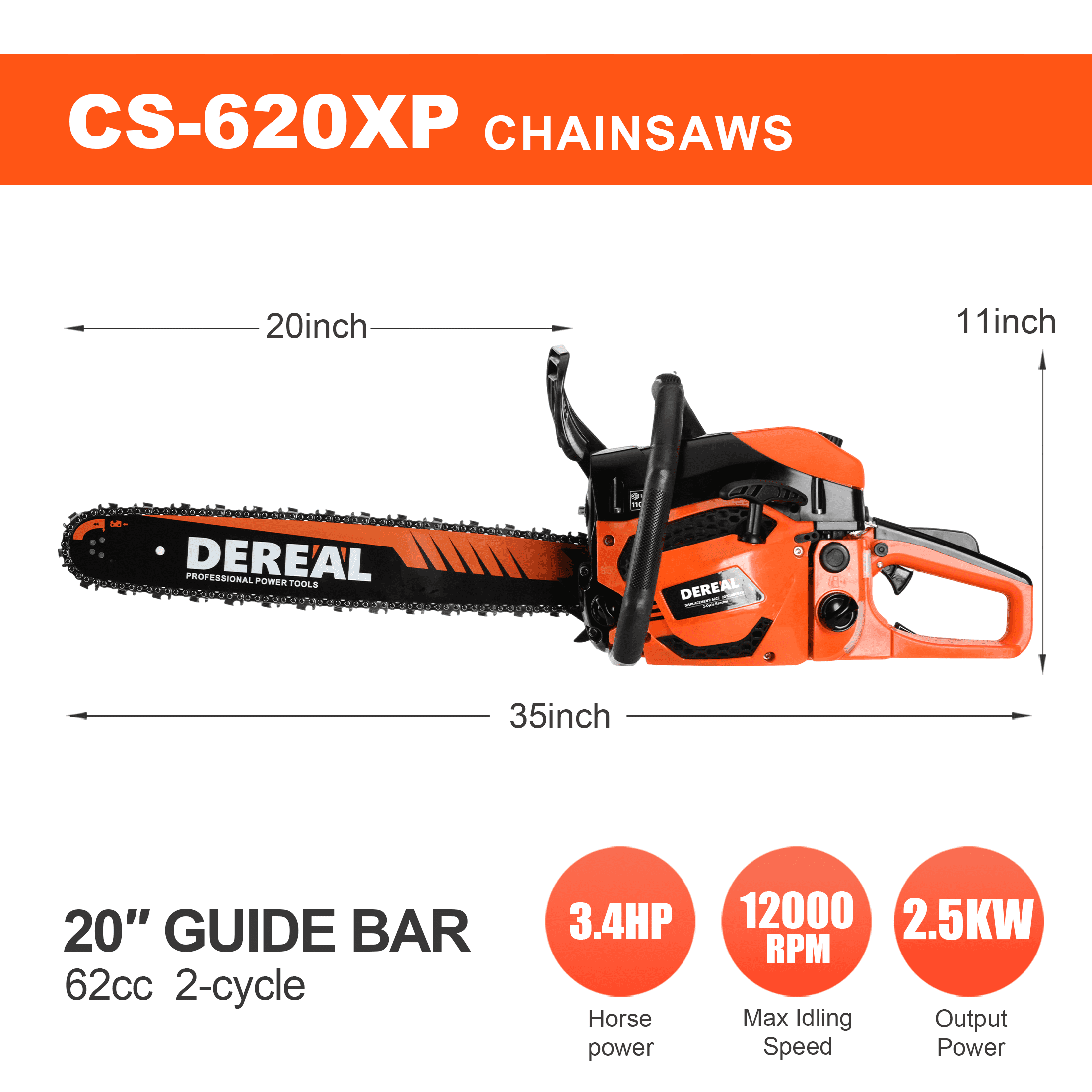 20-Inch 62CC 2-Stroke Gas Chainsaw, Heavy-Duty Gas Powered Wood Cutting Saw with Automatic Oiler & Easy Start for Farm & Home Use 620XP Orange