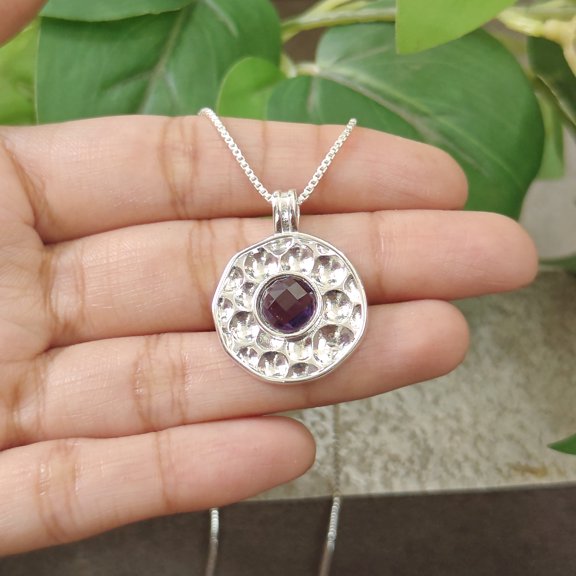 Amethyst Quartz Round Hammered Pendant Necklace One Micron Silver Plated Jewelry