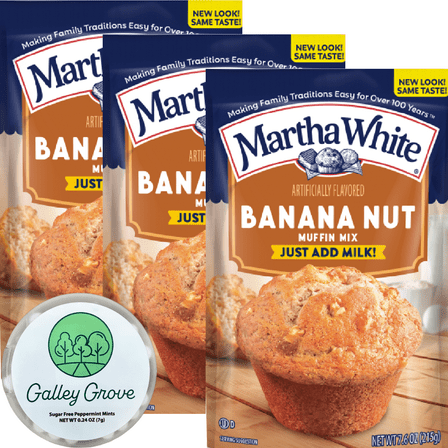Martha White Banana Nut Muffin Mix (3-PACK) Bundle With Galley Grove Sugar Free Peppermint Breath Mints
