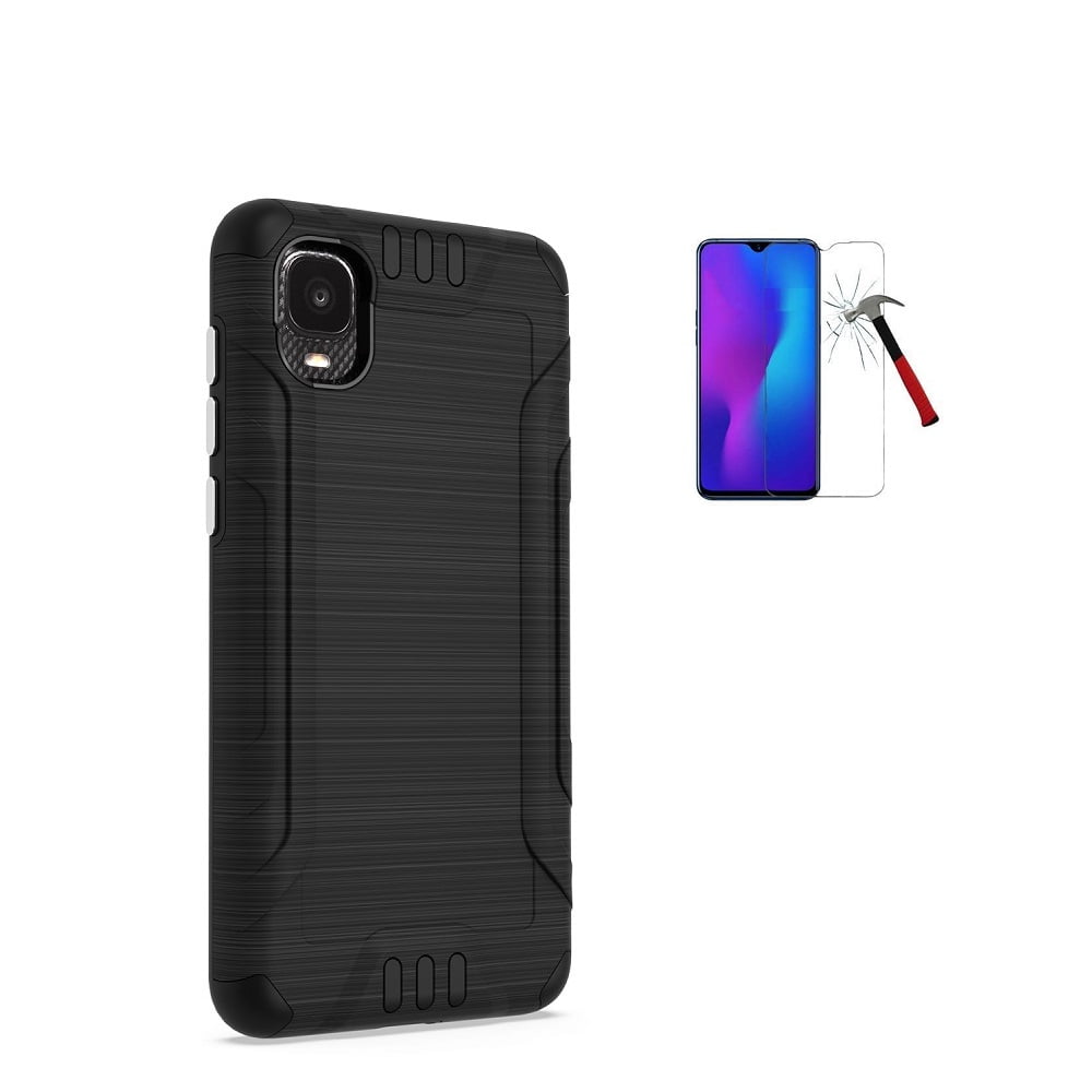 Phone Case for TCL A3/ TCL A3 (Straight Talk, TracFone), Metal Brushed Design Case Cover + Tempered Glass (Black)