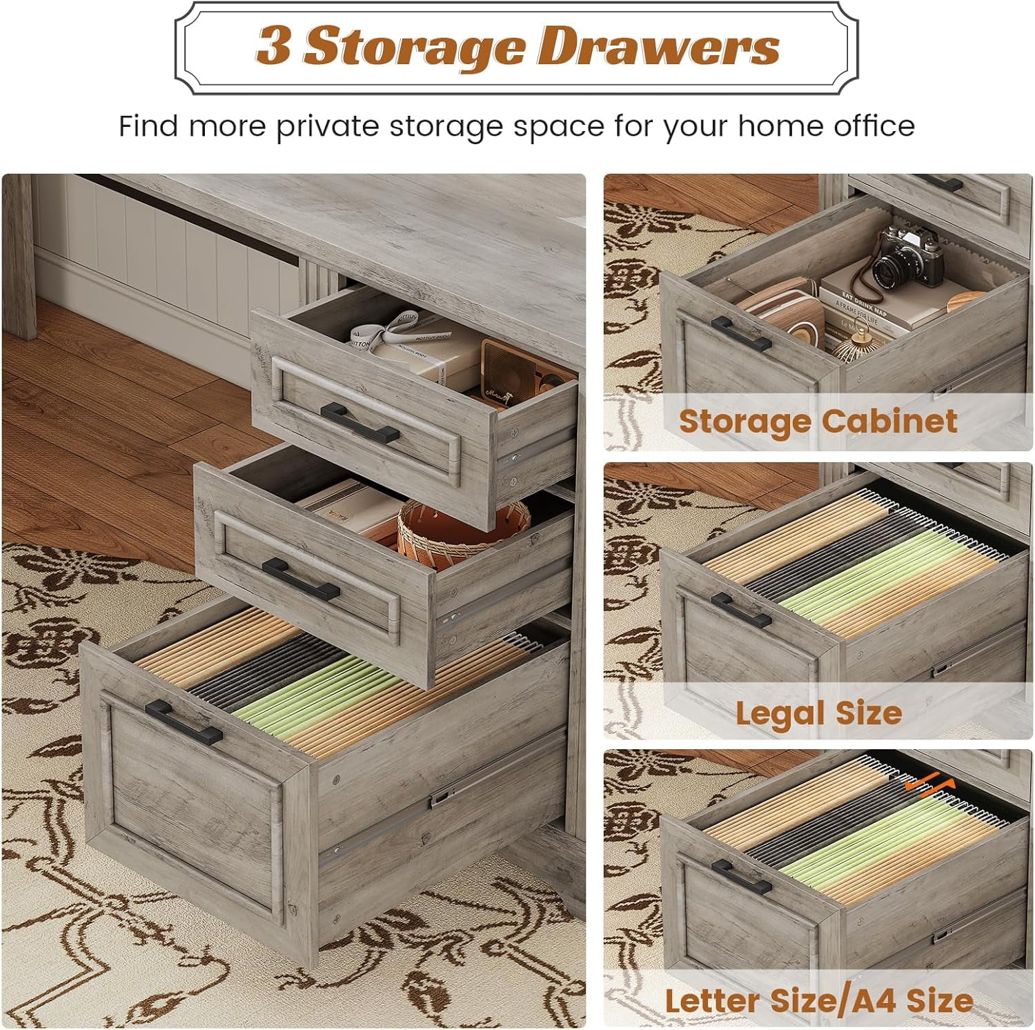 L Shaped Office Desk with Large Workspace & Charging Station, Computer Desk with 4 Drawers & Cabinet, Oak Gray
