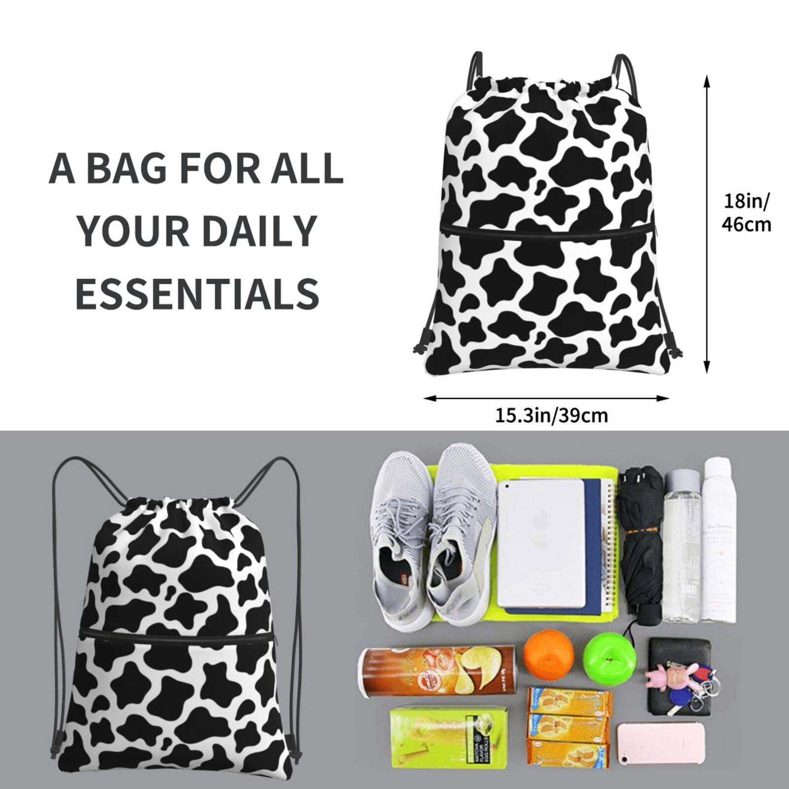 Vsdgher Cow Print Black White Drawstring Backpack Water Resistant String Bag Sports Sackpack Gym Sack for Men Women