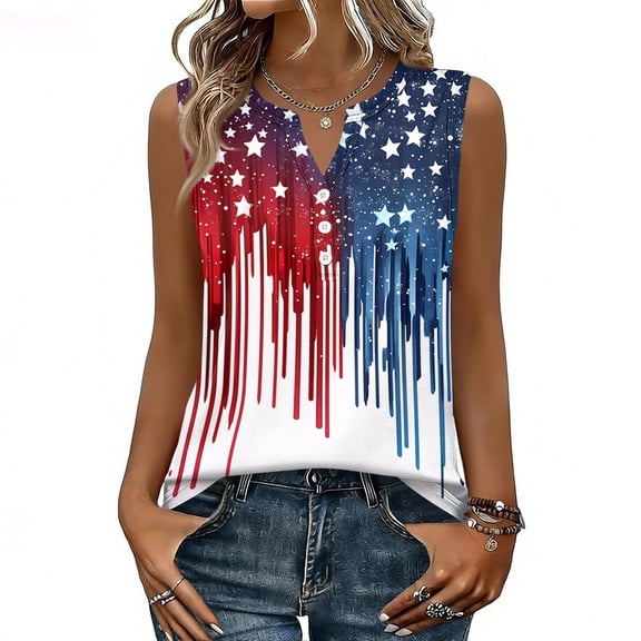 4th Of July Tops for Women Usa Flag Print Button Down V-Neck Sleeveless Tunics Patriotic Flowy Slim Fit Summer Daily Wear Tees,M,#01 Red