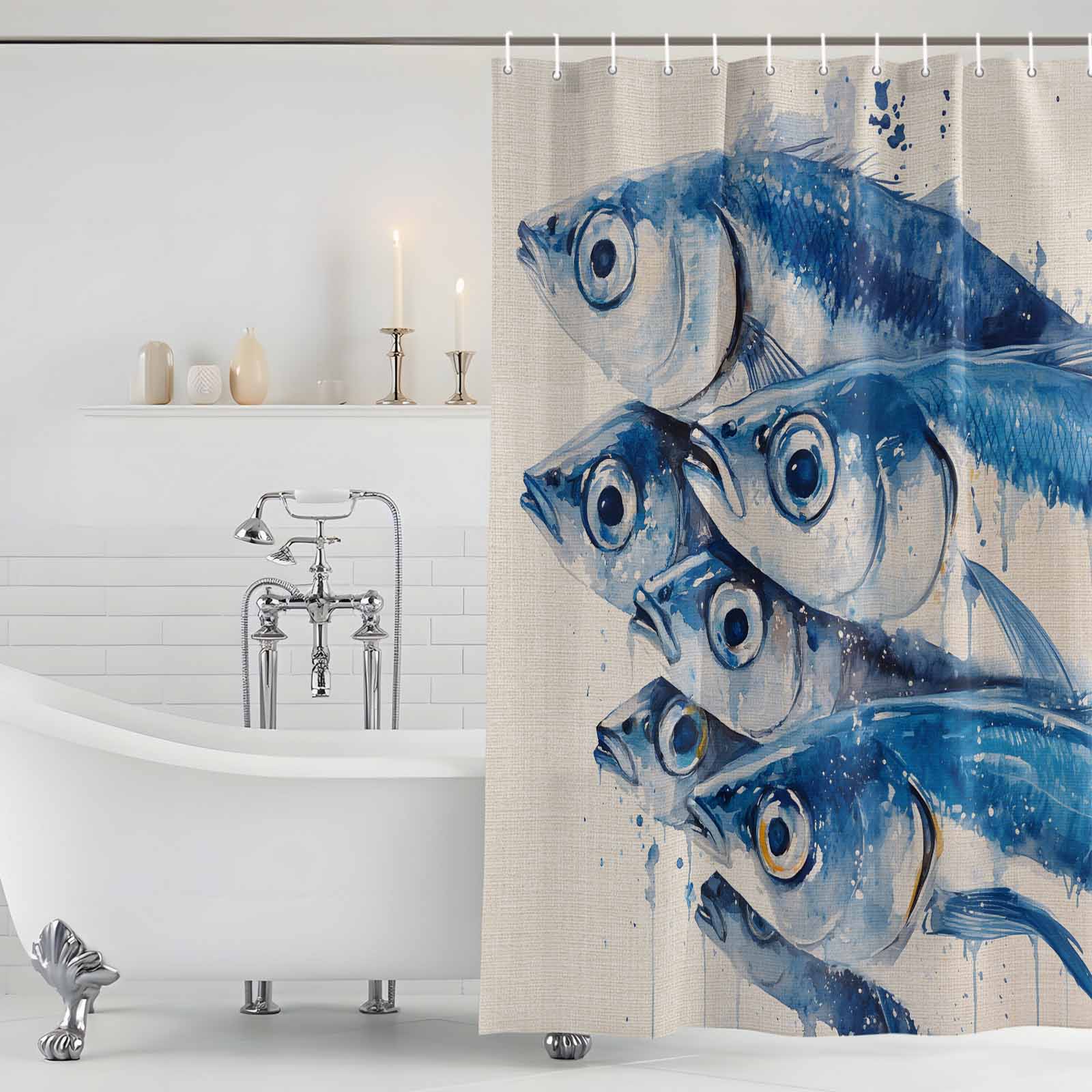 Shower Curtain Bathroom Set Watercolor Underwater Fish on Vintage Linen Waterproof Fabric Shower Curtains with Grommets&Hooks, Coastal Ocean Life Privacy Bath Curtain for Bathtub 72x72in
