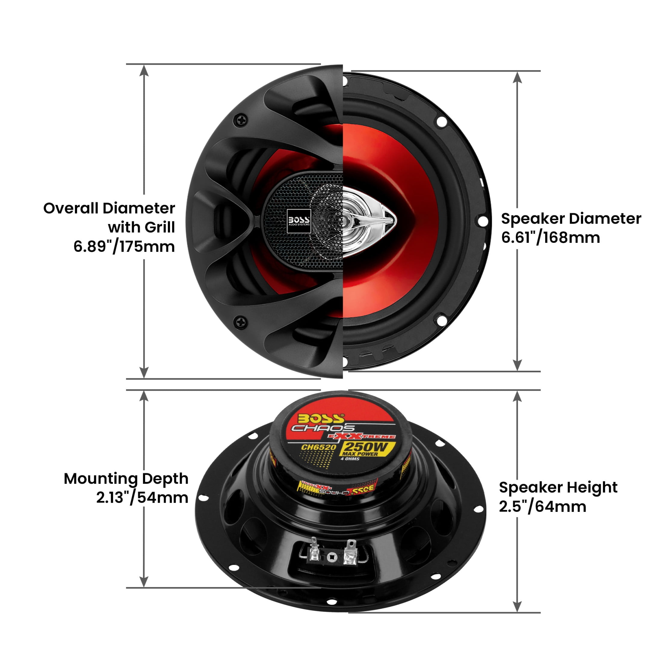 BOSS Audio Systems CH6520 Chaos Series 6.5 inch Car Door Speakers - 250 Watts Max (per pair), Coaxial, 2 Way, Full Range, 4 Ohms, Sold in Pairs, Bocinas Para Carro